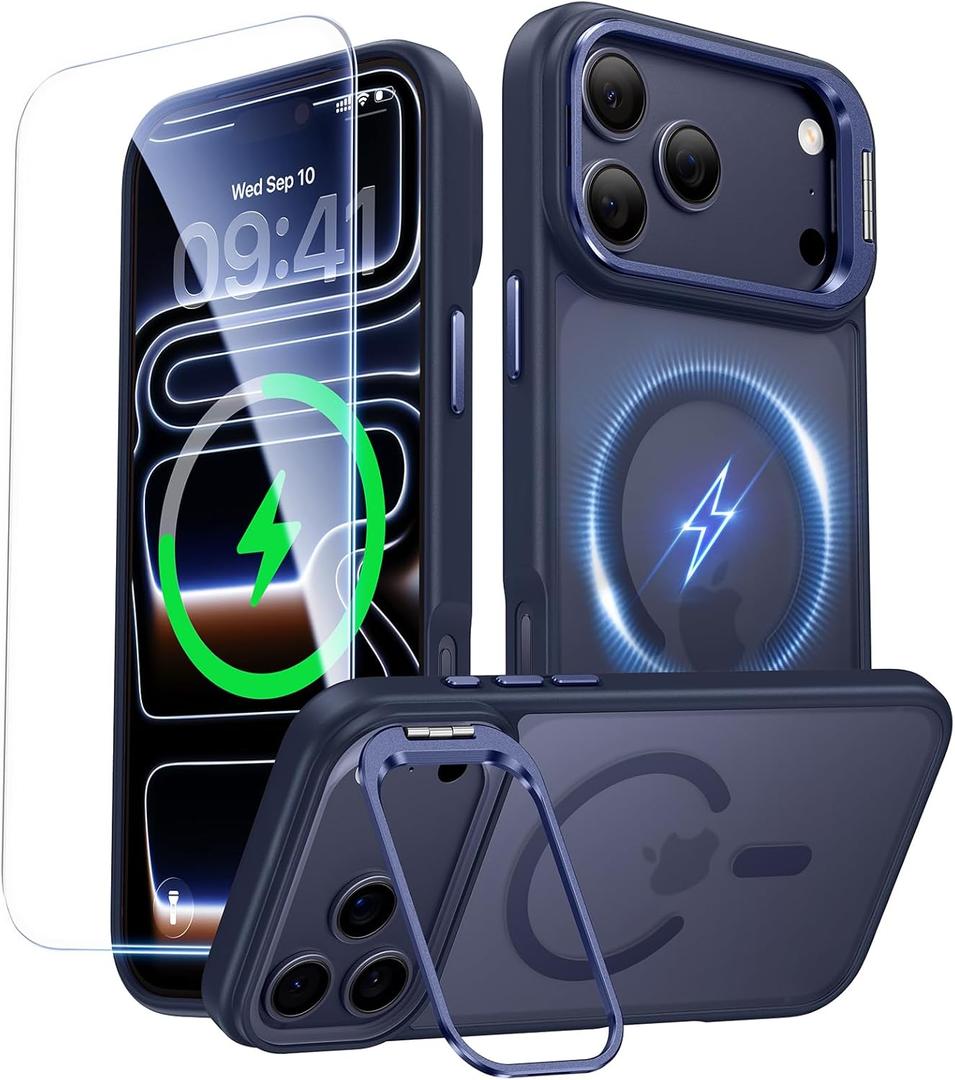for iPhone 17 Pro Case with Stash Lens Stand and 9H Screen Protector, Compatible with MagSafe, Military-Grade Drop Protection Phone Case for iPhone 17 Pro, 360 Full Protection, Deep Blue