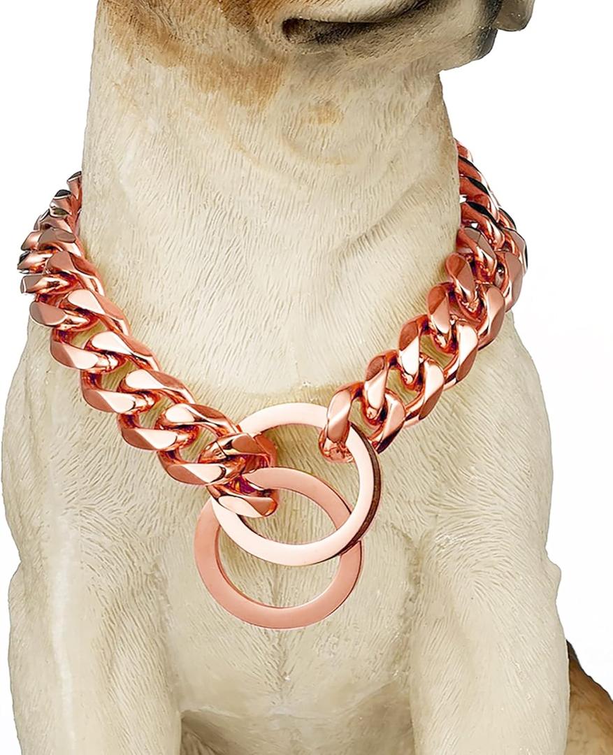 Dog Chain Collar High Rose Gold Polished 15MM Stainless Steel Cuban Link Strong Heavy Duty Chew Proof Walking Chain Leash Collar for Small Medium Big Dogs(15MM, RG, 16")