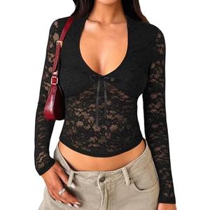 Matunana Womens Long Sleeve Going Out Tops Lace V Neck Mesh Crop Shirts Sexy Cute Y2K Fall Trendy Outfits 2025, S