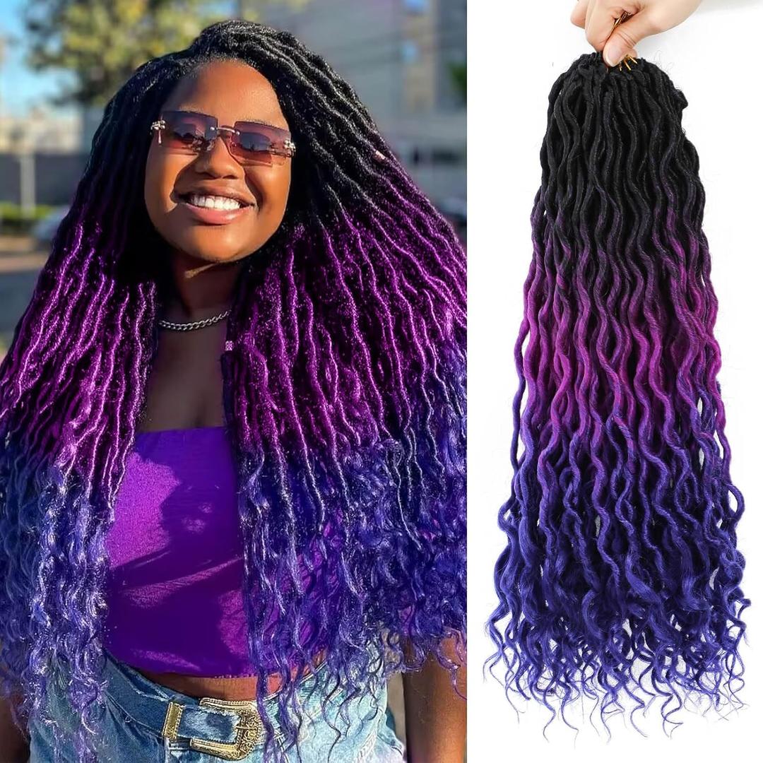 1B/Purple/Blue Curly Hair 18 Inch 6 Packs Goddess Locs Crochet Hair Ombre Faux Locs with Curly Ends Pre Looped Crochet Locs for Black Women(18 Inch,6 Packs,1B/Purple/Blue)