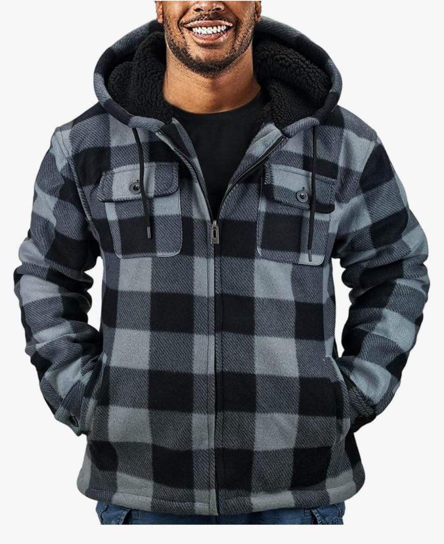 Thick Plaid Flannel Jacket for Men Sherpa Fleece Lined Hooded Coat Heavy Winter Warm Thermal Full Zipper Hoodies 4XL