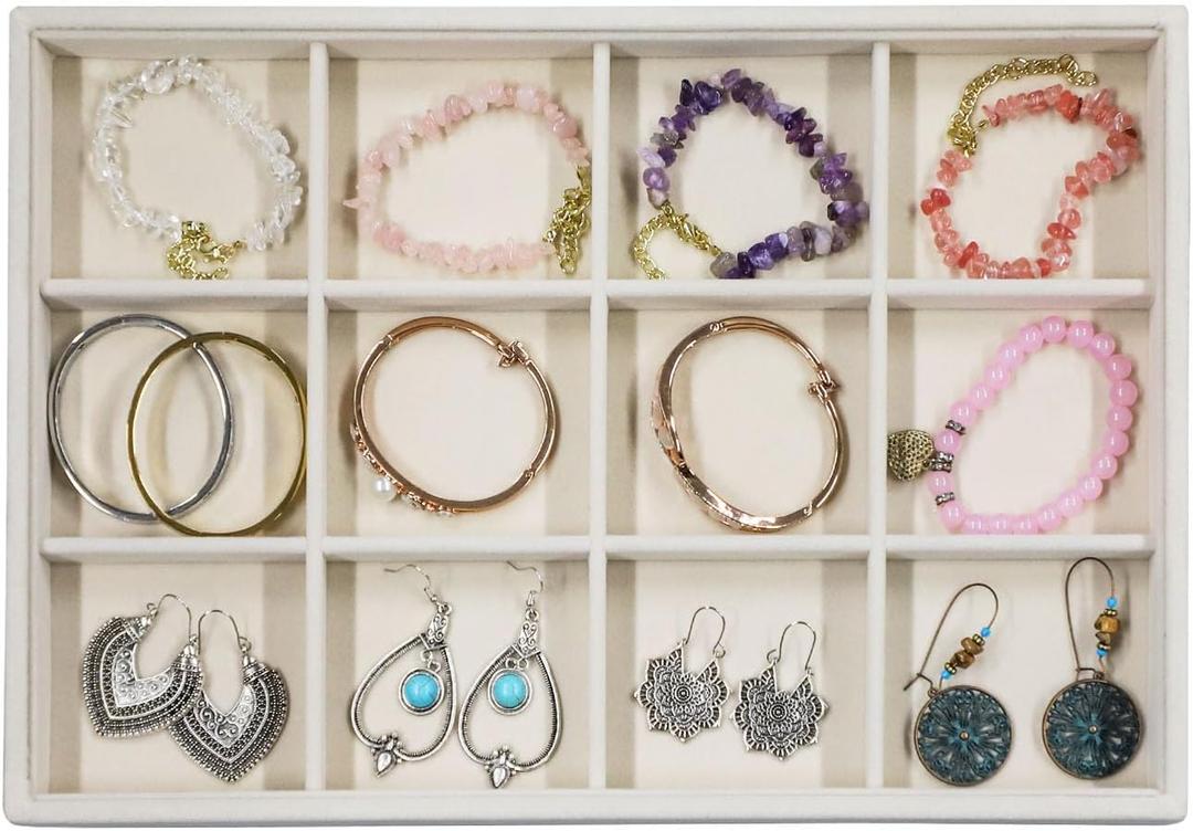 Stratalife Velvet Jewelry Organizer Stackable Earrings Organizer 12 Grid Bracelet Organizer Jewelry Drawer Organizer Jewelry Holder Display for Earring Necklace Women Girls Beige