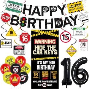 Roetyce 16th Birthday Decorations Boys Girls, Hide The Car Keys Happy 16th Birthday Banner Backdrop Balloons Hanging Swirls, Caution Logo Themed 16 Years Old Party Yard Door Wall Cover Background