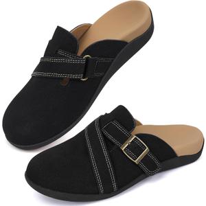 V.Step Women Orthopedic Clog Slippers with Arch Support, Suede Clogs Leather Mules, Orthotic Slippers Potato Shoes for Plantar Fasciitis, Slip on Adjustable Indoor Outdoor Sandals Foot Pain Relief (10 Wide Women/9 Men, Black)