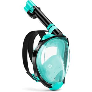 W WSTOO Full Face Snorkel Mask, Dry Top Snorkeling Gear for Adults, 180 Panoramic Foldable Design with Camera Mount, Safe Mouth/Nose Breathing, Anti-Fog & Anti-Leak (Large/X-Large, 1 Pack - Black/Green)