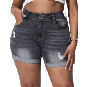 Gocolloa Womens Plus Size Jean Shorts Stretchy High Waisted Distressed Fold Hem Denim Shorts Gray 26W