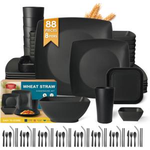 Teivio 88-piece With Flatware Plastic Kitchen Wheat Straw Square Dinnerware Set for 8, Unbreakable Dinner/Salad/Appetizer Plates, Snack Bowls, Dipping Sauce Cups,Tumblers, Dishwasher Safe Dish,Black