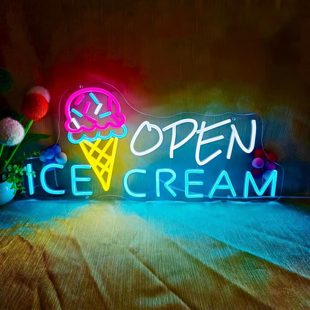 23.2x11 Inch Large Ice Cream Cone LED Neon Sign, USB Powered Neon Lights Sign for Business Decorations, Open Light Up for Ice Cream Bar, Dessert Shops, Restaurants and Cafes