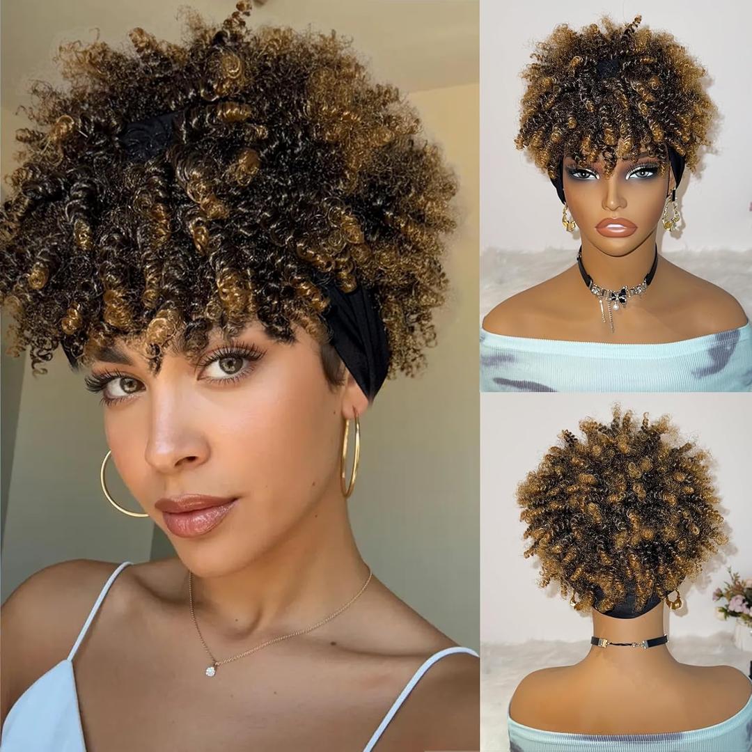 Afro Headband Wig Kinky Curly Headband Wig with Bangs Blonde Head-Wrap Wigs 2 in 1 Ombre Afro Puff Wig With Bangs for Women Synthetic Half Wigs (Heibu-Omber Blonde)