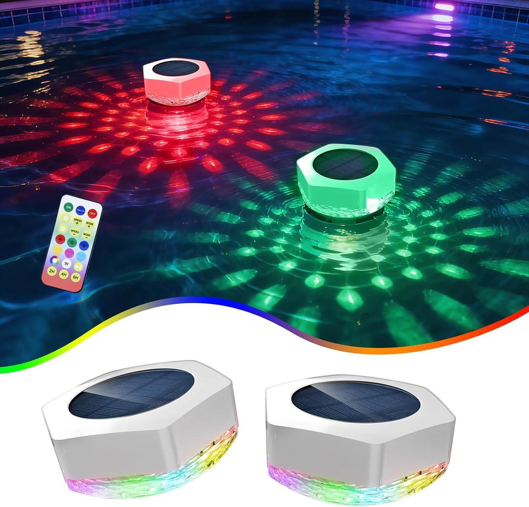 GEYUEYA Home Solar Floating LED Pool Light with Remote Control, 7 Colors, 3 Lighting Modes, IP68 Waterproof Pool Light with Timer and Brightness Settings, 2 Items