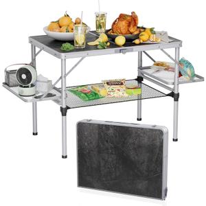 Titanker Folding Camping Table 3ft, Large Camp Table Portable with Extra Side Racks & Storage Net, Folding Picnic Table, Outdoor Patio Table, RV/Car Camping Essentials, Aluminum, Silver