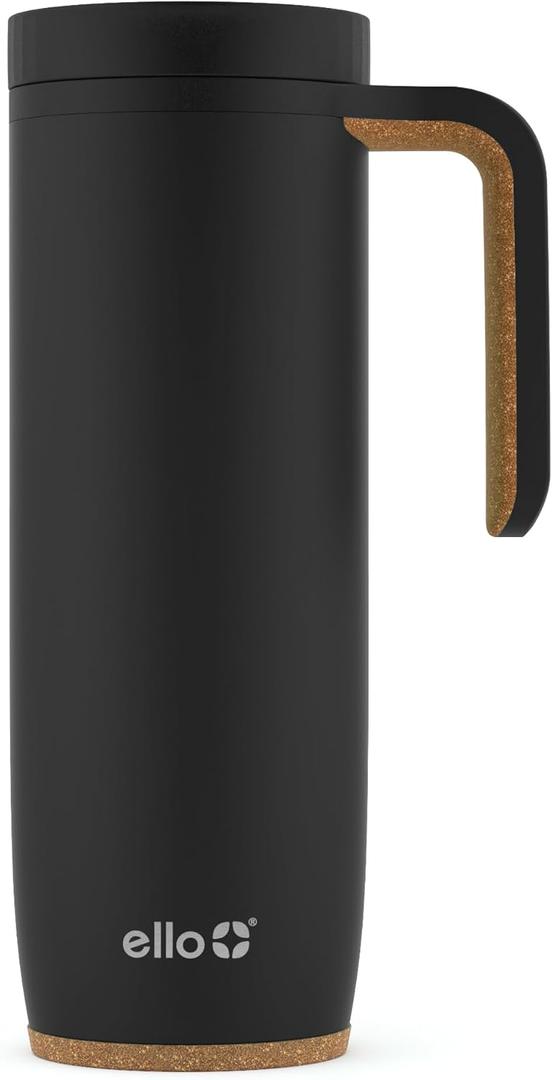 Ello Magnet 18oz Vacuum Insulated Stainless Steel Travel Mug with Side Handle and Leak-Proof Slider Lid and Built-in Coaster, Keeps Hot for 5 Hours, Perfect for Coffee or Tea, BPA-Free, Holiday Gift (Matte Black)
