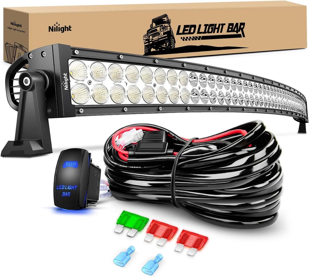 Nilight 52Inch 300W Curved Spot Flood Combo Led Light Bar Off Road Driving Boat Fog Lights 12V On/Off 5 Pin Rocker Switch Power 12AWG Wiring Harness Kit-1 Lead for Trucks