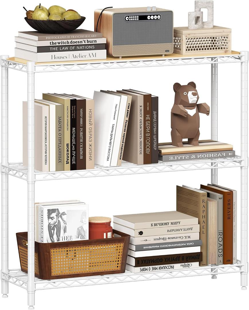 Homeiju 3-Tier Storage Rack, 29.8" Wide Heavy Duty Metal Shelving Unit, Top Tier with Removable Wood Board, 200 lbs Capacity per Shelf, for Pantry, Bathroom, Garage, Entryway, Plant Stand