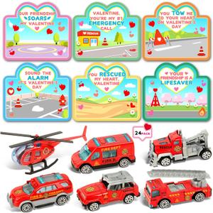SpringFlower 24 Packs Kids Valentines Day Cards, Valentines Greeting Cards With Fire Rescue Vehicles Car Toys for Classroom Exchange Valentine Party Favor Prize Gifts for Boys Girls