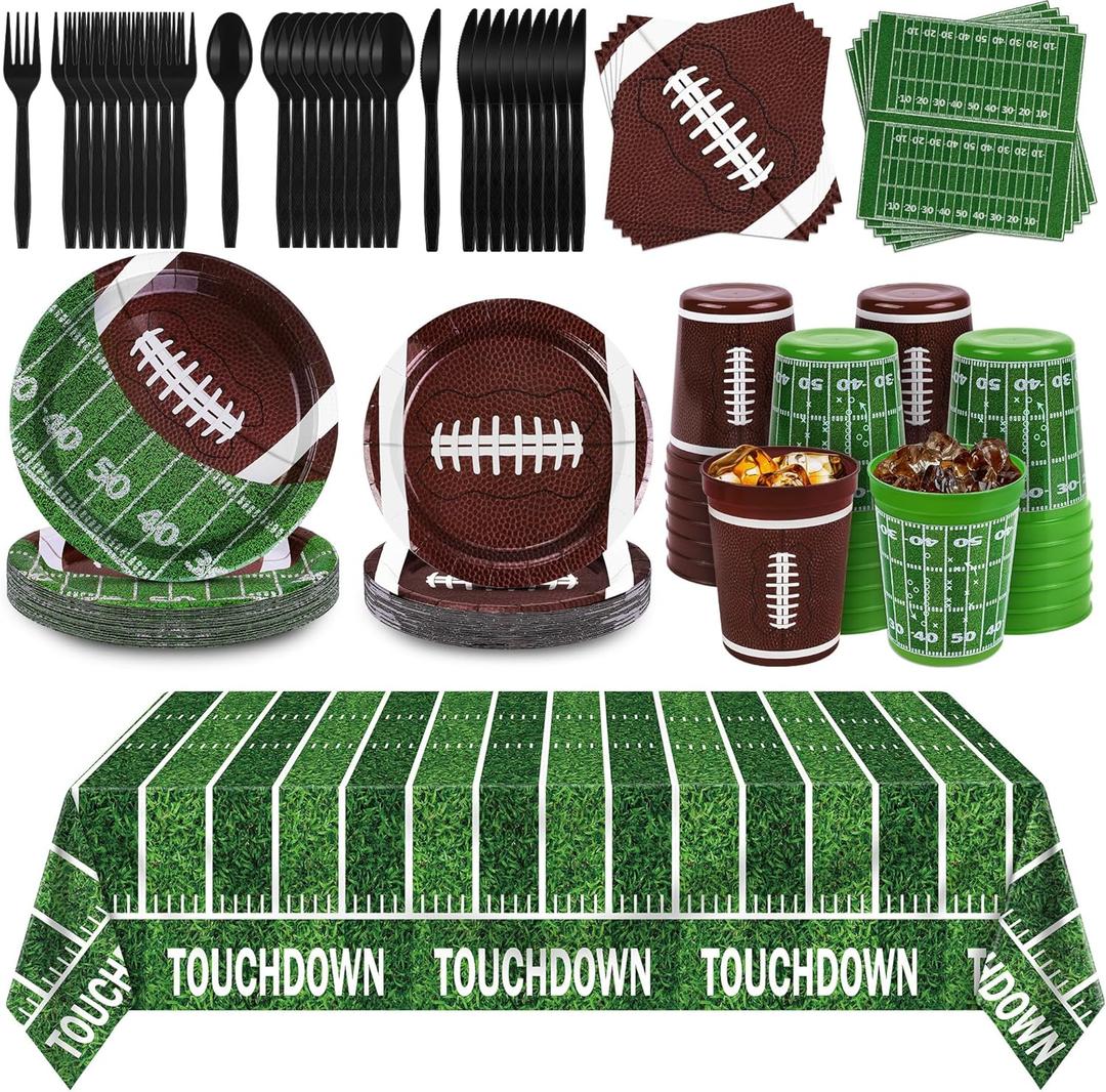 durony Football Party Decorations 169 Pcs Football Party Favors Serve 24 Disposable Paper Plates Napkins Cups Touchdown Tablecloth Sports Supplies for Birthday Game Day