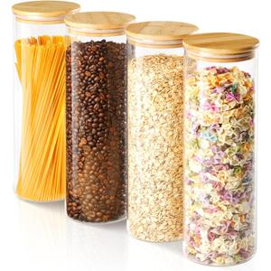 60oz Glass Storage Containers with Lids for Pasta Spaghetti, Tall Glass Jars with Airtight Wood Lids, Kitchen Food Storage Pantry Jars, For Cookies Flour Cereal Sugar Tea Coffee Beans (Set of 4)
