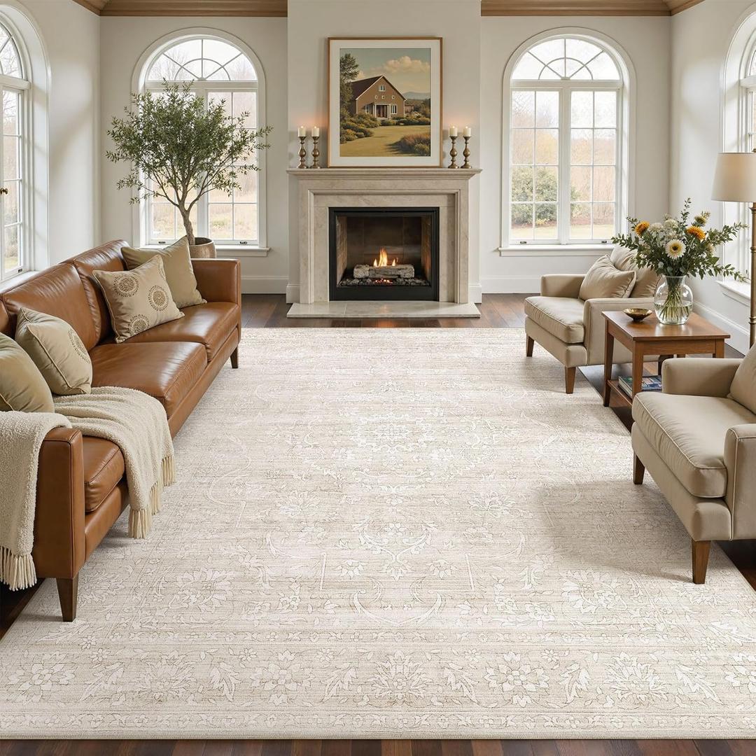 8x10 Area Rug Living Room: Washable Large Vintage Grey Rug Neutral Non-Slip Soft Stain Resistant Indoor Carpet for Bedroom Nursery Dining Room Under Table Bed Home House Office Playroom - Beige White
