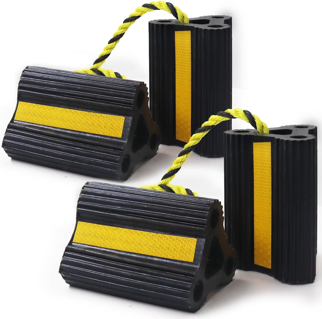 Wheel Chocks for Trailers RVs camper Trucks and Small Aircraft wheel chock, Wheel Chocks Block with 3 Reflective Strips ,Versatile Heavy Duty Solid Rubber Wheel Immobilizers & Chocks, 2 Pair