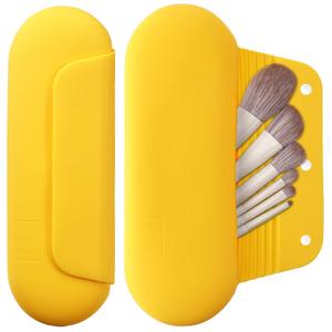 Silicone Makeup Brush Holder Travel Cosmetic BagSoft Portable Cosmetic Face Brushes Holder with Upgrade Anti-Fall Out Magnetic Closure, Large Travel Makeup Brush Case - Yellow