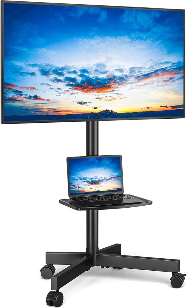 Rfiver Mobile TV Stand for 23-65 Inch LCD LED Flat/Curved Panel Screen TVs up to 88 lbs, Rolling TV Stand with Adjustable Shelf & Tilt, Portable Floor Stand on Wheels for Bedroom, Living Room, Office (Black)