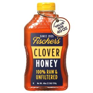 Fischer's Pure Clover Honey 40 oz 100% Pure, Raw and Unfiltered Honey in a Squeeze Bottle All-Natural Sweetener Rich Flavor Profile, Packed with Nutrients (EXP 09/30/26)