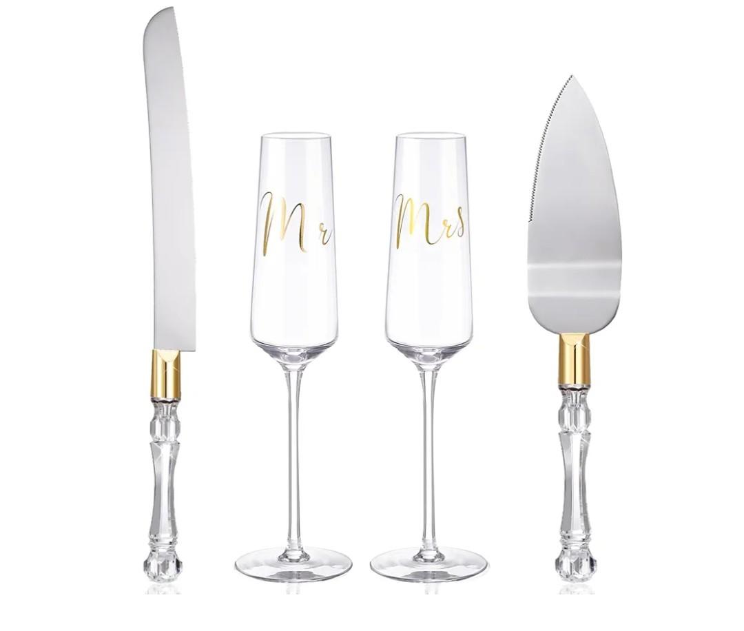 Boao 4 Pieces Wedding Toasting Flutes and Cake Server Set Wedding Reception Supplies Champagne Glasses Cake Knife Pie Server (Gold, Classic)