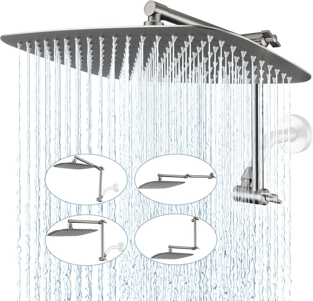 G-Promise All Metal 14 Inch Rain Shower Head with Adjustable Extension Arm, Full-Body Large Shower Head for Spa-Like Rainfall (Brushed Nickel)