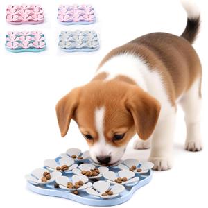 Slow Feeder Bowl for Dogs and Cats - Non-Slip Licking Mat with Suction Cups, Treat Puzzle & Anti-Choke Feeding Pad, Flower Petal Silicone (Blue and Grey)