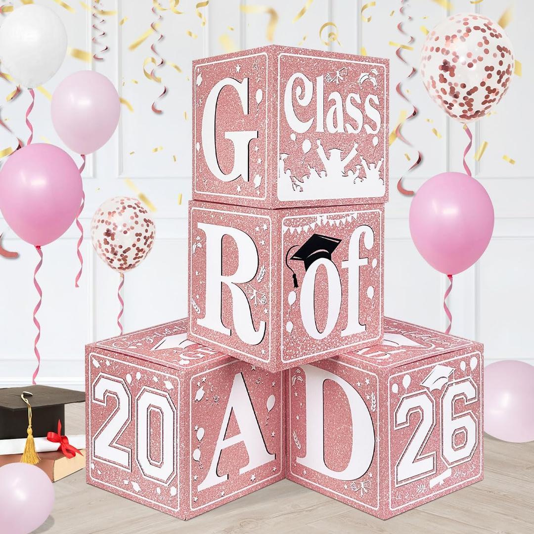 Pink Graduation Decorations Class of 2026 Graduation Boxes Pink White Congrats Grad Balloon Boxes for High School College Grad Party Supplies (Pink White