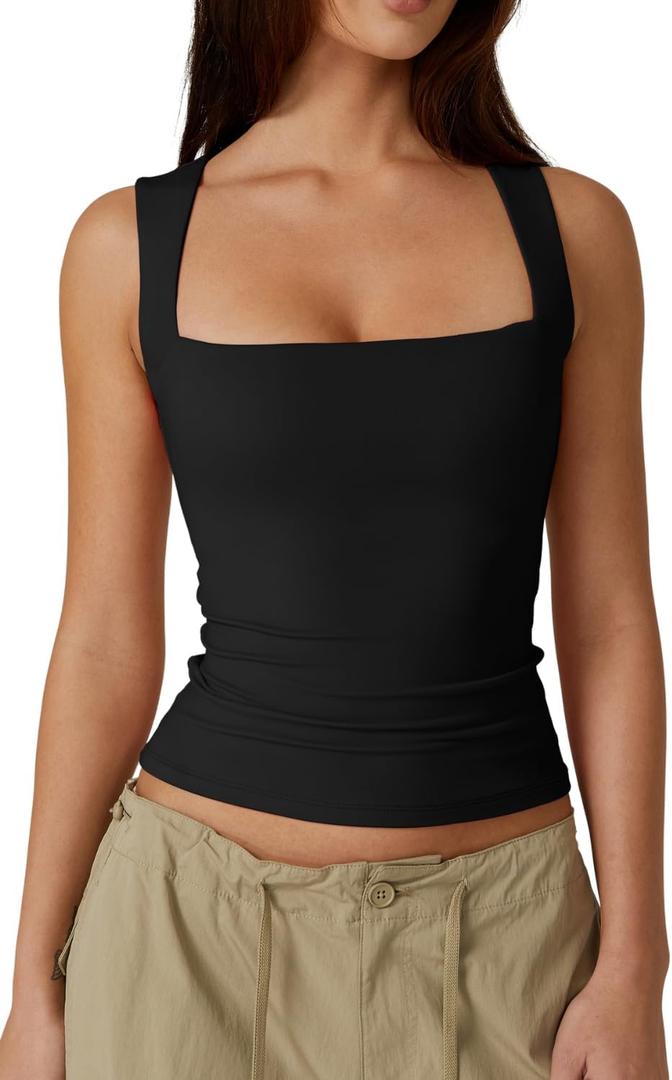 QINSEN Women's Square Neck Sleeveless Double-Layer Tank Tops Basic Tight T Shirts (Large, Black)
