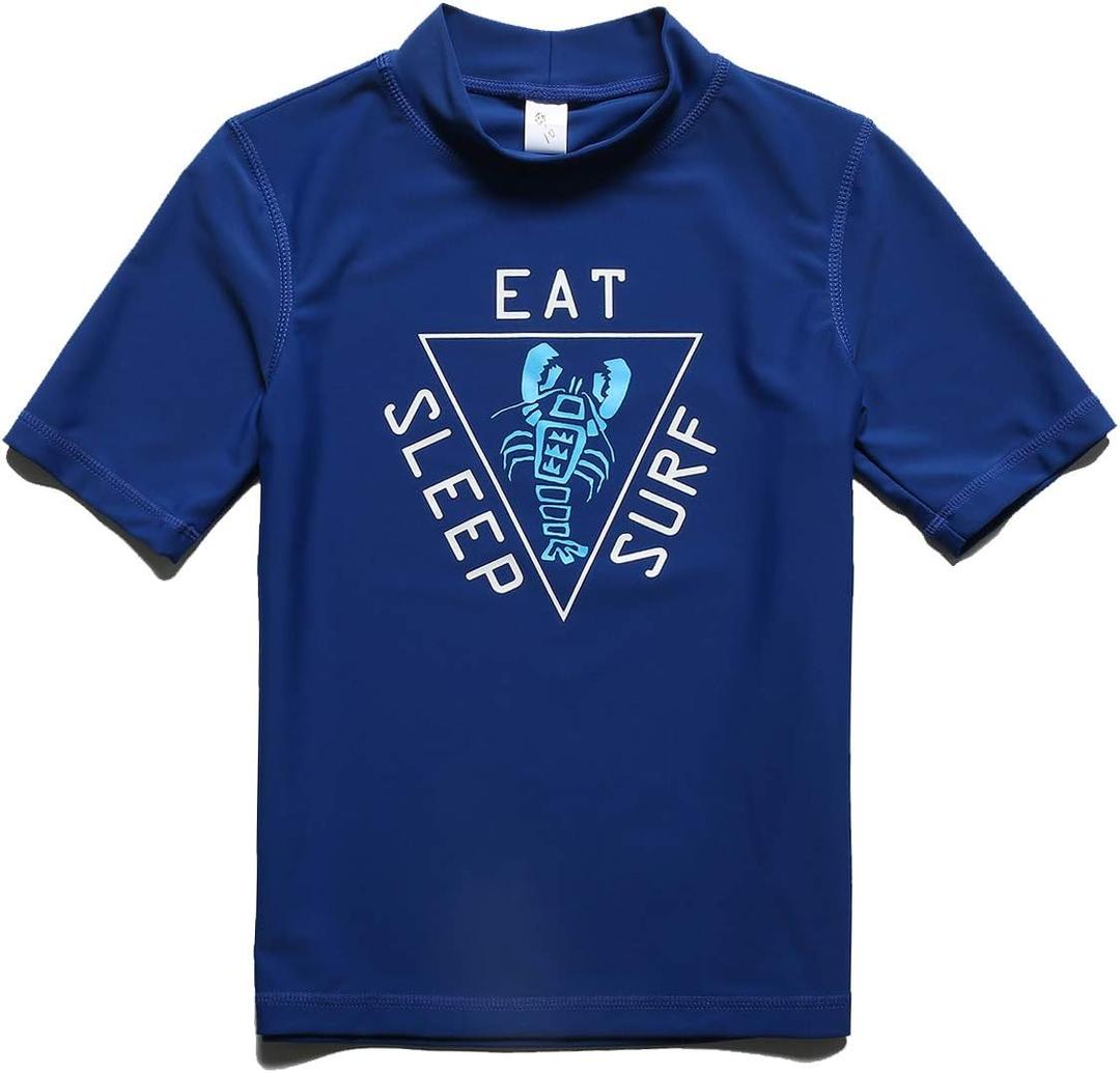 PHIBEE Boys' Short Sleeve Rash Guard Shirt UPF 50+ Sun Protection Swimwear (Blue)