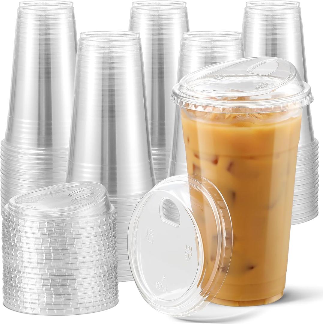 AOZITA 100 Pack 24 oz Disposable Plastic Cups With Strawless Sip-Lids, Clear Plastic Iced Coffee Cups Go for Drinks, Bubble Tea, Cold Beverage - BPA Free