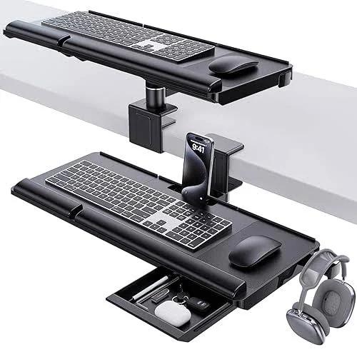 Klearlook Upgraded Adjustable Keyboard Tray for Above Desk & Under Desk Use - Ergonomic Sit-Stand Keyboard Riser with 360° Rotation, 24.4"×10" Keyboard Stand with Wrist Rest & Storage Drawer - Black
