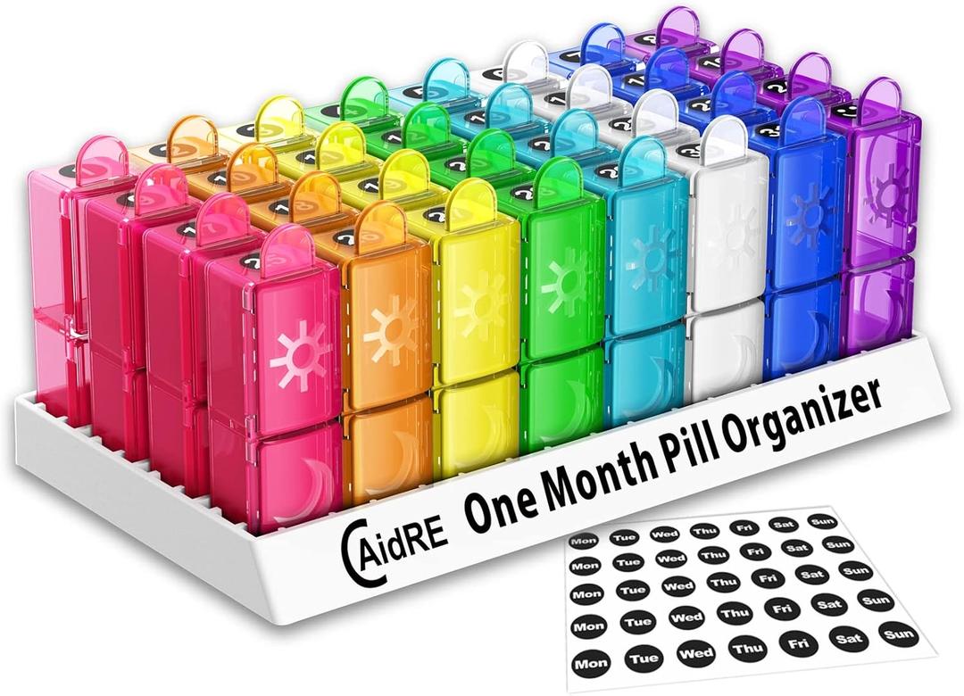 Monthly Pill Organizer, CAidRE 30 Day Pill Organizer 2 Times a Day, One Month Pill Box Organizer AM PM, Weekly Pill Holder for Fish Oil, Vitamins, Supplements (Multi-colored)
