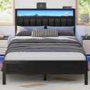 Furnulem Full Size Bed Frame with Charging Station and LED Lights, Platform Bed with Metal Slats, Grey Upholstered Headboard with 2-Tier Storage Shelves, No Box Spring Needed (Black Oak)