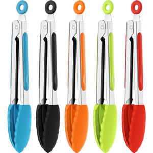 Mudder 5 Pack Mini Kitchen Tongs 7 Inch Silicone Tongs for Cooking Serving BBQ, Small Stainless Steel Food Tong with Silicone Tips for Salad, Bread, Buffet, Party & Kitchen Use(Multi)