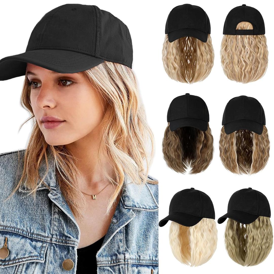 Qlenkay Baseball Cap with Hair Extensions 14inch Wavy Curly Bob Hairstyle Adjustable Wig Hat Attached Synthetic Hairpiece for Woman Ginger Blonde Mix Bleach Blonde