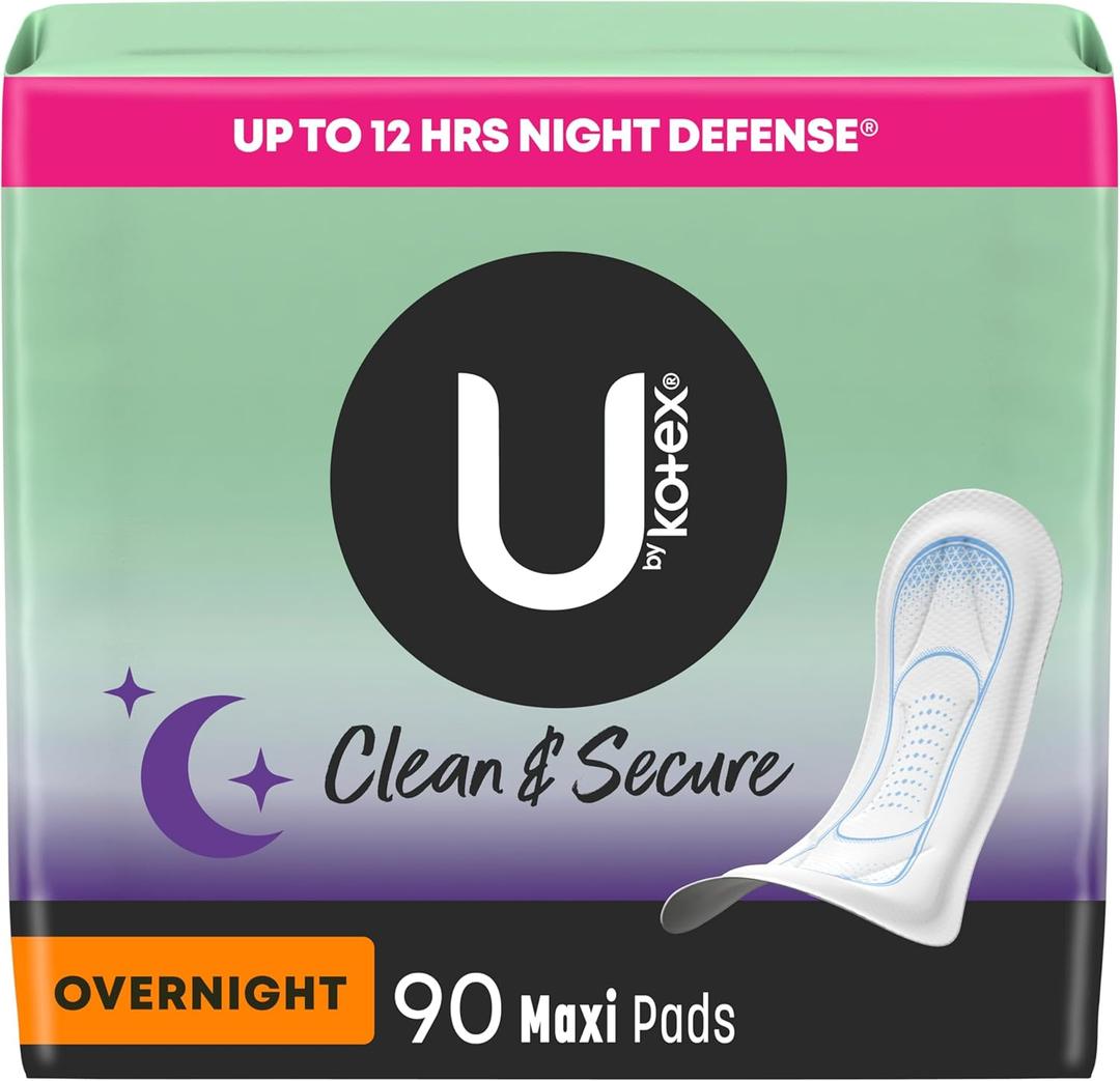 U by Kotex Clean & Secure Overnight Maxi Pads, 90 Count (3 Packs of 30) (Packaging May Vary)