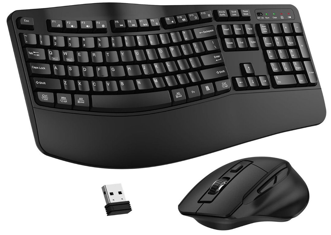 Wireless Keyboard and Mouse Combo, 2.4G Full Size Wave Keys Ergonomic Keyboard with Wrist Rest and 3Level DPI Adjustable Wireless Ergonomic Mouse for Windows, Mac OS Desktop/Laptop/PC(Black)