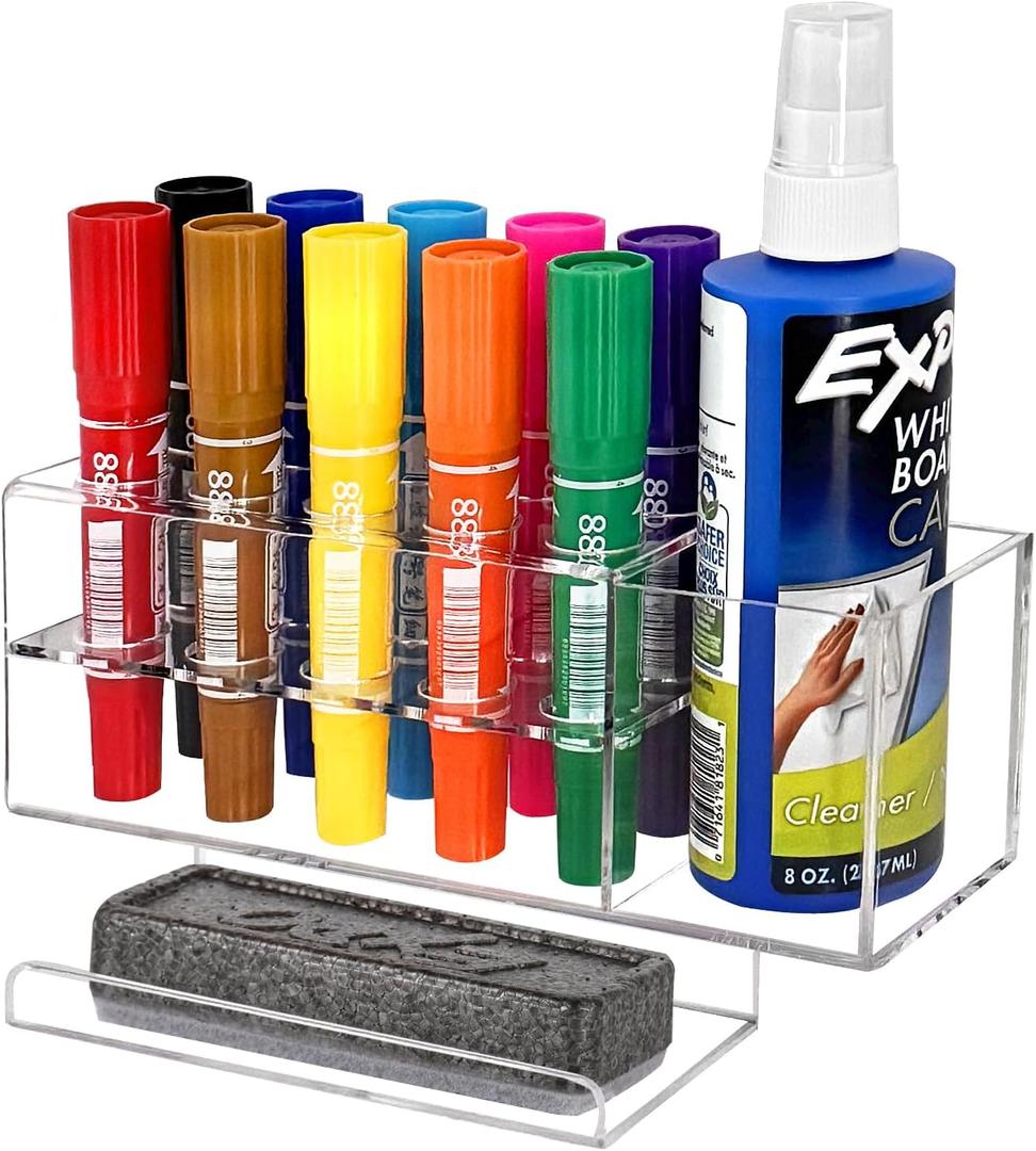 Dry Erase Marker Holder, 10 Slots Wall Mount Acrylic Pen Holder Clear Curved Surface Design for Whiteboard, Office, Home, Marker, Classroom Organization, Eraser and Cleaner Not Included