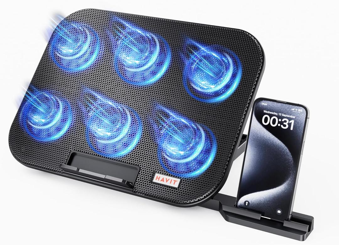 HAVIT Laptop Cooling Pad with 6 Quiet Fans and Adjustable Heights for 12-14.1 Inch Laptops, Dual USB Ports, Phone Holder, Efficient Cooling Stand for Heat Dissipation HAVIT Laptop Cooling Pad with 6 Quiet Fans and Adjustable Heights for 12-14.1 Inch Laptops, Dual USB Ports, Phone Holder, Efficient Cooling Stand for Heat Dissipation