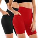 2 Pack Womens Biker Shorts with Pockets, High Waisted Yoga Shorts for Women Running Gym and Workout (XX-Large, Black/Red)