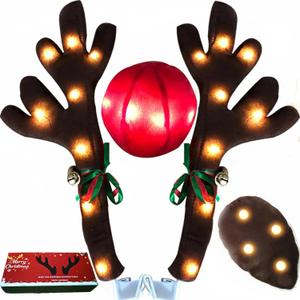 Christmas Car Reindeer Antlers & Nose Tail Kit with Jingle Bells, 2025 Cute Rudolph Car Costume for SUV, Van, Truck - Warm Lights Auto Holiday Decor