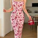 Women's Slim fit Hip Hugging Dress, Long, with a Suspender Collar Print Design, Multiple Colors, Summer Versatile. (009) (Medium)