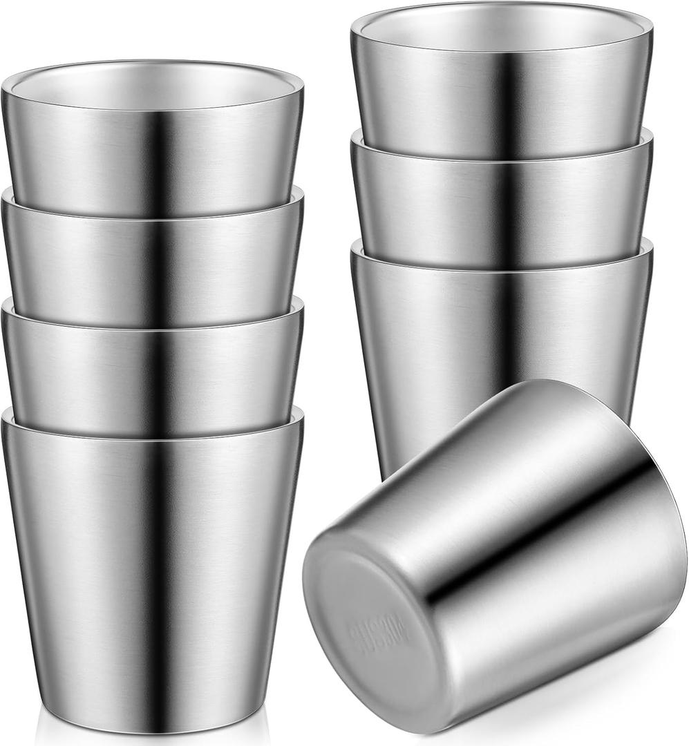 8 Pack Stainless Steel Insulated Cup Metal Tumbler Double Wall Vacuum Water Glasses Camping Reusable Mugs Bbq Home Office Party Coffee(5.9 oz) (Silver)