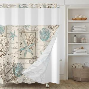 No Hook Shower Curtain,Nautical Double-Layered Shower Curtain with Snap-in Liner and Weights,Vintage Coral Ocean Sea Theme Fabric Bath Curtain with See Through Mesh, 71x74in