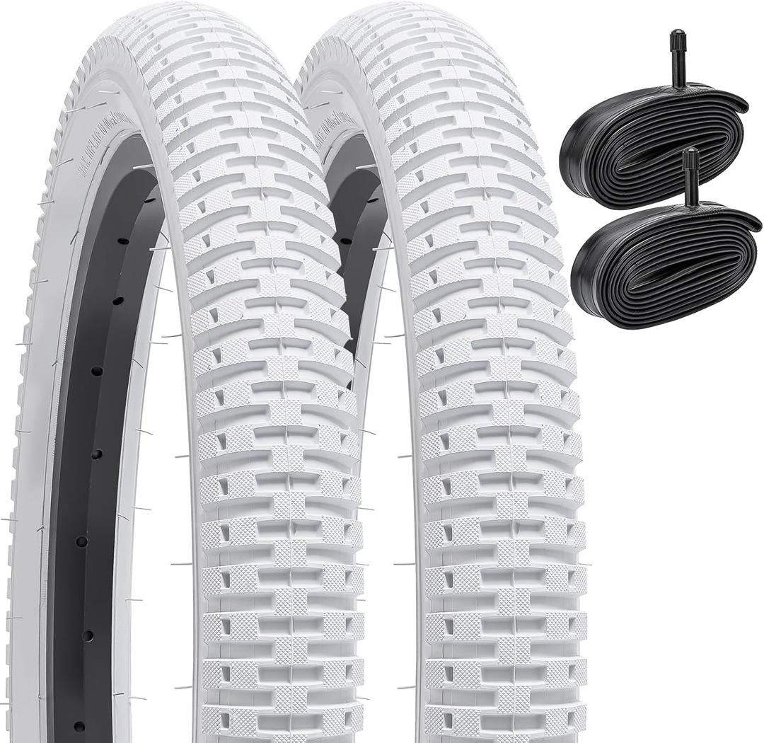 YUNSCM 2-PCS 18" Bike Tires 18x1.95/53-355 (White) and 18" Bike Tubes Schrader Valve Compatible with Kid Bike 18 x 1.95 18x2.0 All-Terrain Bicycle Tires and Tubes (Y-1029)