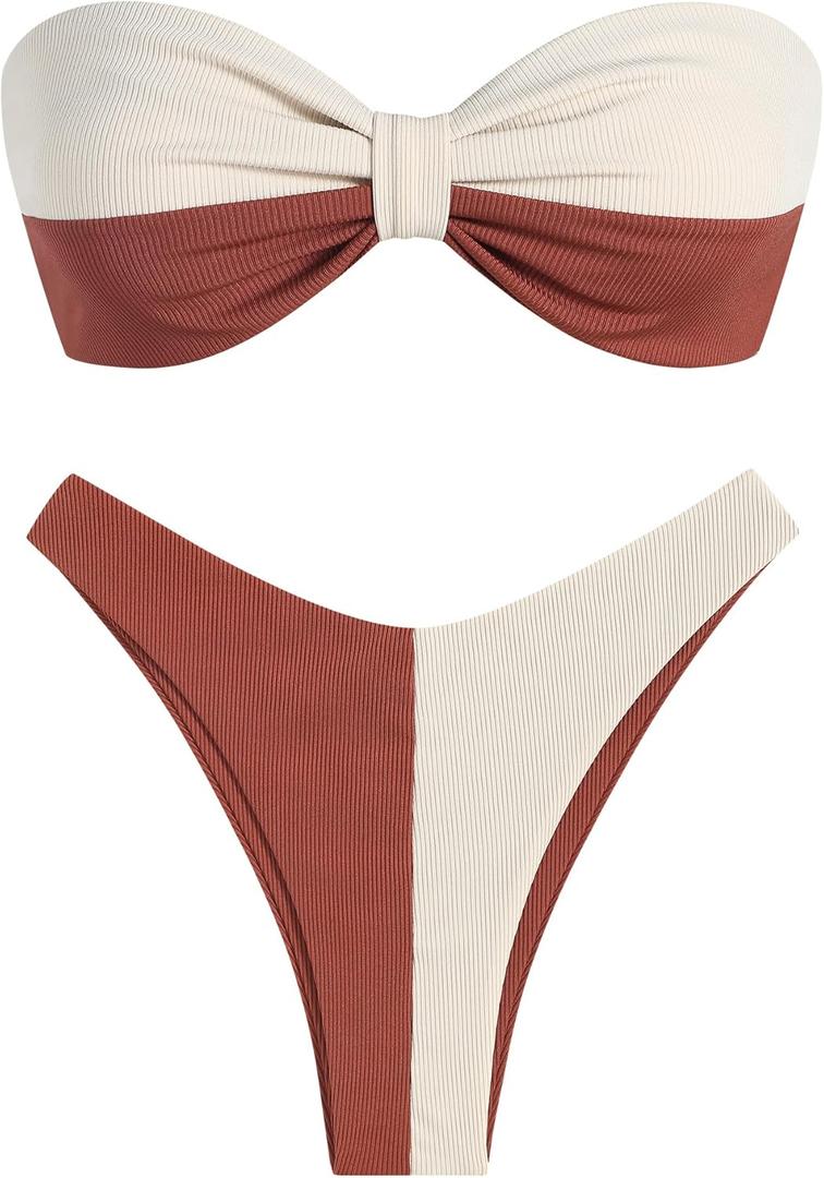 ZAFUL Strapless Bandeau Bikini Ribbed Two Tone Bow Bikini Swimsuit 2 Piece Bathing Suits(7-Coffee, M)