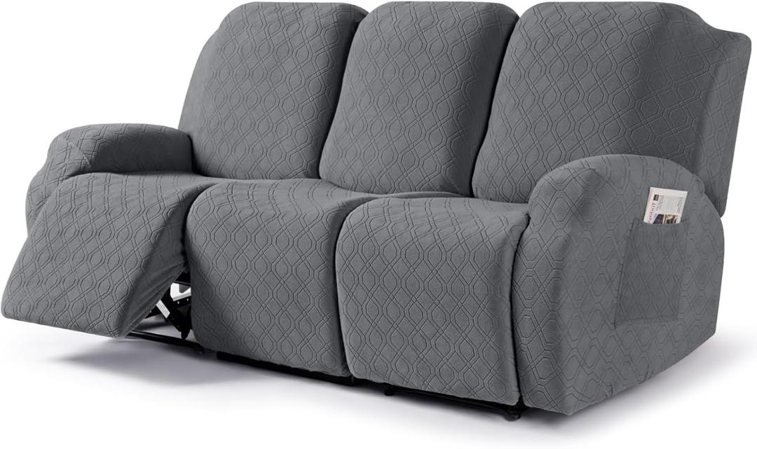 VANSOFY Recliner Cover, 3-Pieces Stretch Reclining Couch Covers with Pockets Reclining Sofa Slipcovers 3 Seater Soft Washable Furniture Protector for Dogs Cats (Dark Gray)